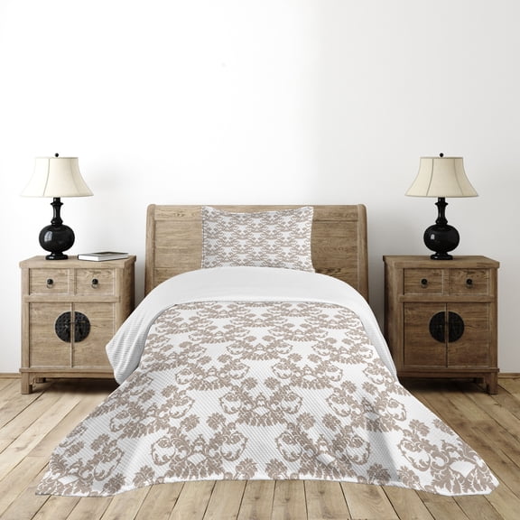 Ambesonne Damask Quilted Bedspread Set 2 Pcs, Rococo Flowers in Taupe, Twin Size, Taupe White