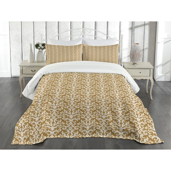 Ambesonne Damask Quilted Bedspread Set 3 Pcs, Abstract Pastel Flourish, Queen Size, Pale Caramel Cream