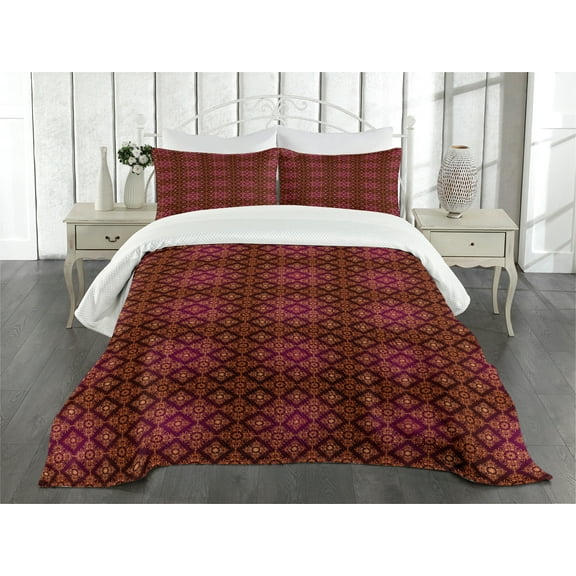 Ambesonne Damask Quilted Bedspread Set 3 Pcs, Abstract Victorian Style, King Size, Orange Magenta Black