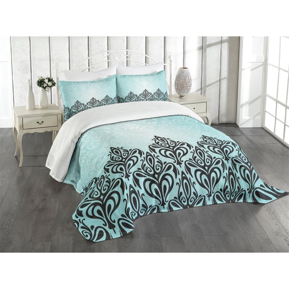 Ambesonne Damask Quilted Bedspread Set 3 Pcs, Antique Victorian Motif, Queen Size, Black Blue
