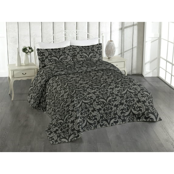 Ambesonne Damask Quilted Bedspread Set 3 Pcs, Design Traditional Floral, Twin, Charcoal Grey and Pale Grey