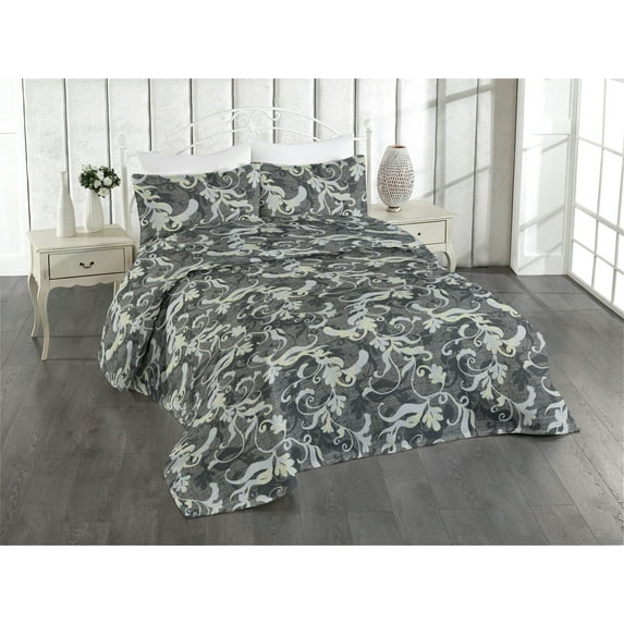 Ambesonne Damask Quilted Bedspread Set 3 Pcs, Floral Pattern Grid Vintage, Queen, Pale Ceil Blue Pale Grey