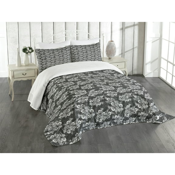 Ambesonne Damask Quilted Bedspread Set 3 Pcs, Flower Bouquets Bridal, King Size, Dark Taupe White