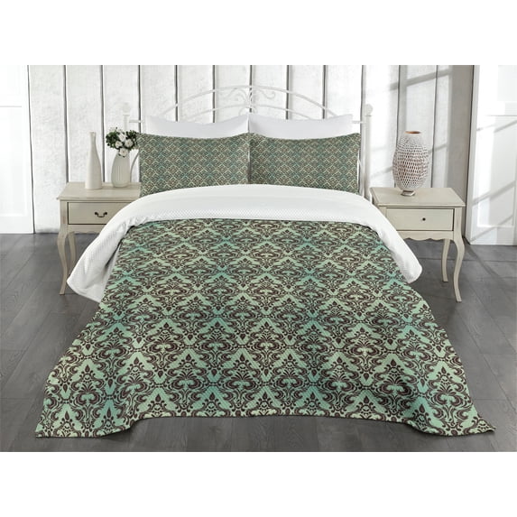 Ambesonne Damask Quilted Bedspread Set 3 Pcs, Leaves Buds Ornate Style, Queen Size, Mint Green Dark Brown