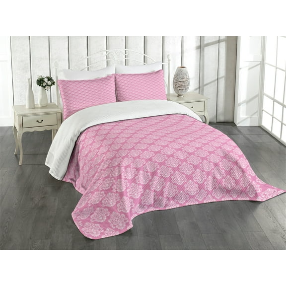 Ambesonne Damask Quilted Bedspread Set 3 Pcs, Middle Eastern Blossom, Queen Size, Pink White