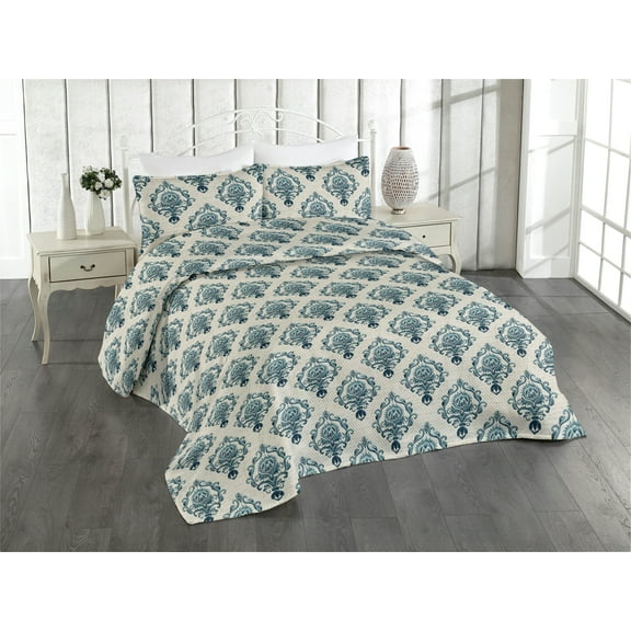 Ambesonne Damask Quilted Bedspread Set 3 Pcs, Nostalgic Baroque Blooms, Twin, Tan Petrol Blue
