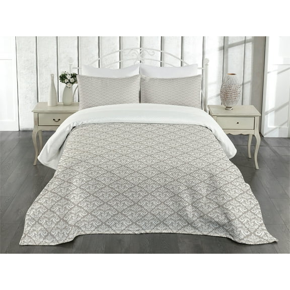 Ambesonne Damask Quilted Bedspread Set 3 Pcs, Oriental Tile, Queen Size, Taupe White