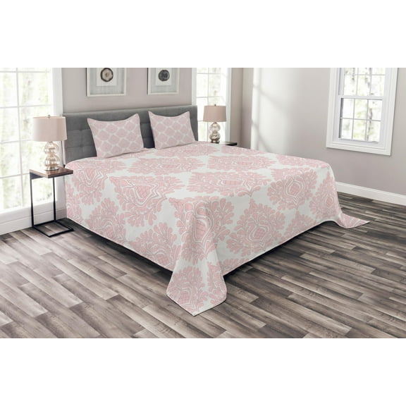 Ambesonne Damask Quilted Bedspread Set 3 Pcs, Pink Victorian Pattern, King Size, White Pink