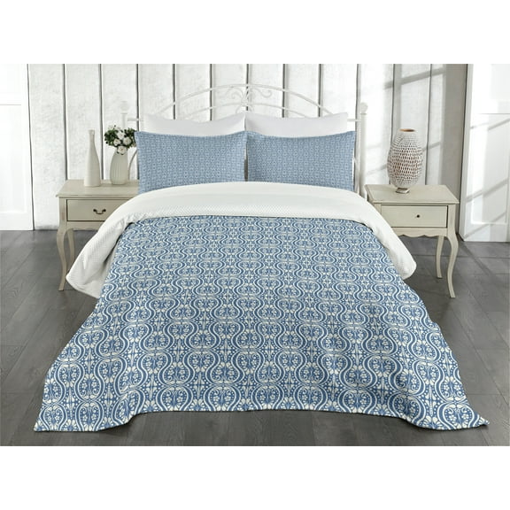 Ambesonne Damask Quilted Bedspread Set 3 Pcs, Symmetrical Old Flowers, King Size, Slate Blue Ivory