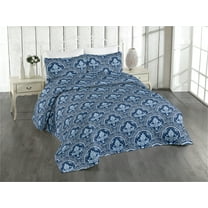 Ambesonne Damask Quilted Bedspread Set 3 Pcs, Traditional Royal Flowers, King, Dark Lavender White