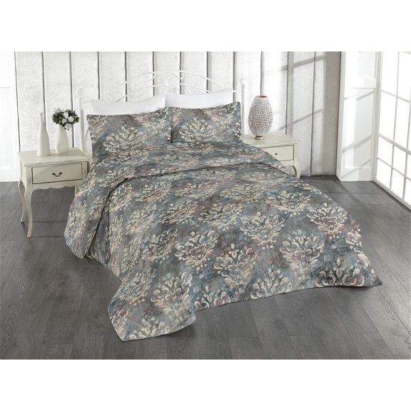 Ambesonne Damask Quilted Bedspread Set 3 Pcs, Victorian Swirly Leaf Motif, Twin, Grey Teal Pale Rust and Beige