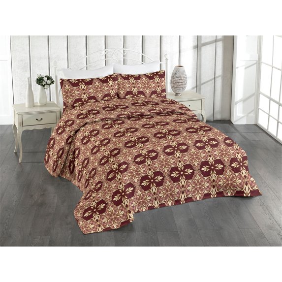 Ambesonne Damask Quilted Bedspread Set 3 Pcs, Vintage Floral Design Swirls, Queen, Maroon Sand Brown