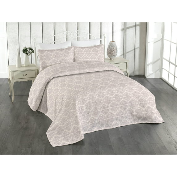 Ambesonne Damask Quilted Bedspread Set 3 Pcs, Vintage Floral Wavy Branches, Twin, Pale Rose and Mauve