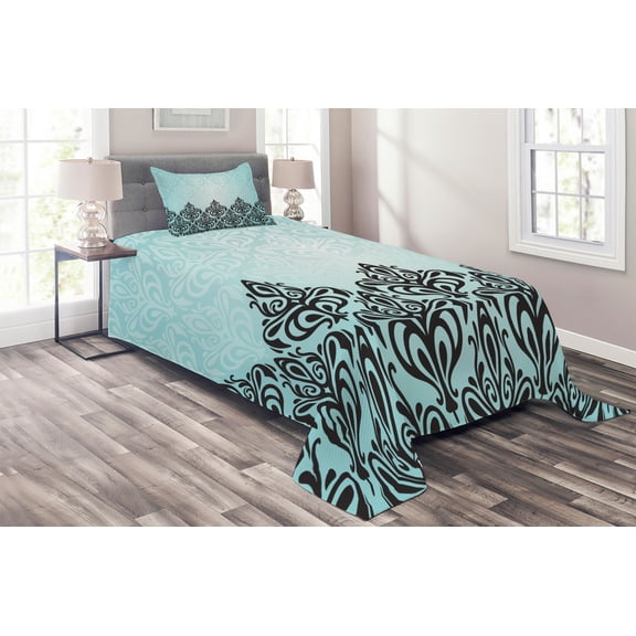 Ambesonne Damask Quilted Coverlet 2 Pcs, Antique Victorian Motif, Twin Size, Black Blue