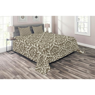 Ambesonne Damask Quilted Coverlet 3 Pcs, Antique Victorian Floral, Queen Size, Army Green Cream