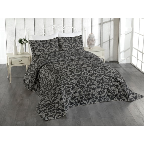 Ambesonne Damask Quilted Coverlet 3 Pcs, Design Traditional Floral, Queen Size, Charcoal Grey and Pale Grey