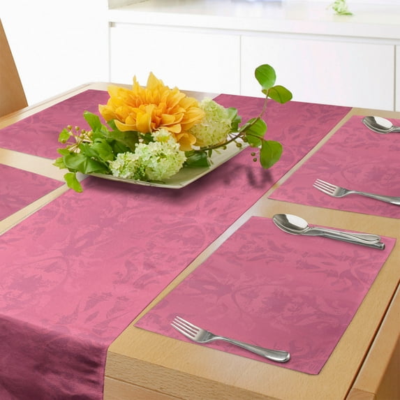 Ambesonne Damask Table Runner & Placemats, Baroque Flower Design, Placemat 4 pcs + Runner 12"x90", Pale Pink Dried Rose