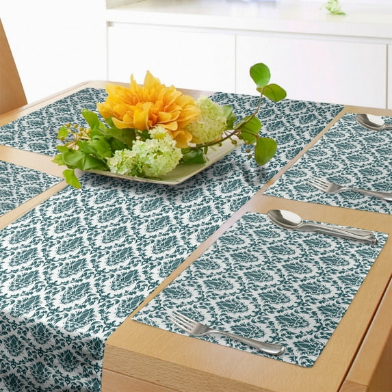 Ambesonne Damask Table Runner & Placemats, Baroque Vintage Boho, Placemat 4 pcs + Runner 16"x90", Green White