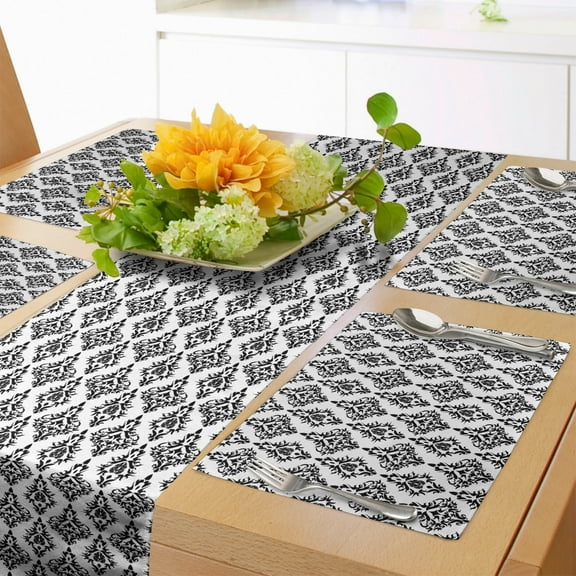 Ambesonne Damask Table Runner & Placemats, Black and White Baroque, Placemat 4 pcs + Runner 12"x72", Black White