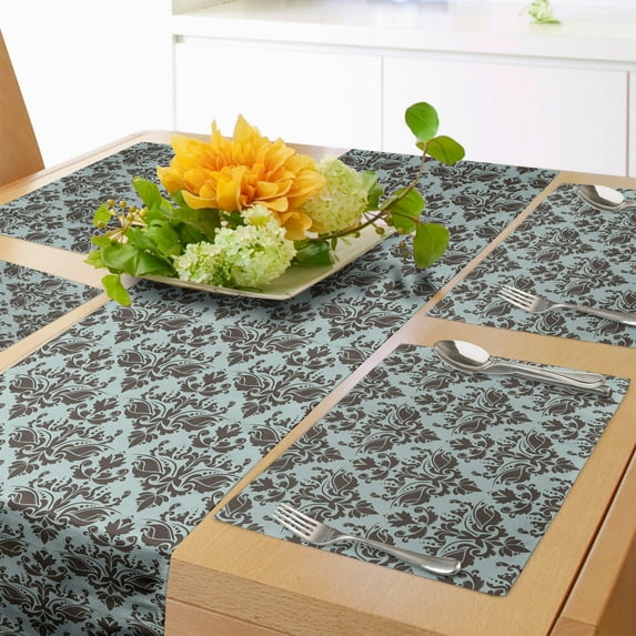 Ambesonne Damask Table Runner & Placemats, Damask Shapes Motif, Placemat 4 pcs + Runner 14"x90", Teal Brown