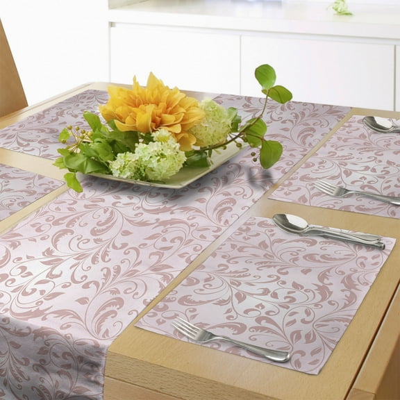 Ambesonne Damask Table Runner & Placemats, Monochrome Botanical Leaves, Placemat 4 pcs + Runner 12"x90", Blush and Rose