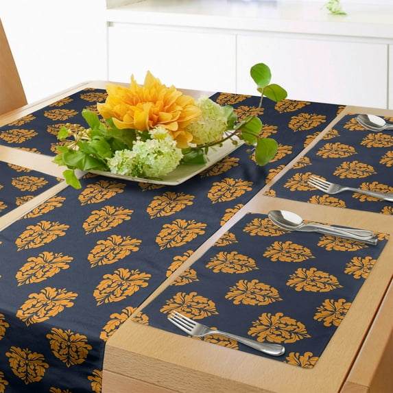 Ambesonne Damask Table Runner & Placemats, Old Eastern Floral Motifs, Placemat 4 pcs + Runner 12"x72", Dark Blue Marigold