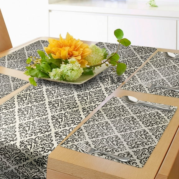 Ambesonne Damask Table Runner & Placemats, Swirl Motif, Placemat 4 pcs + Runner 14"x90", Cream Black