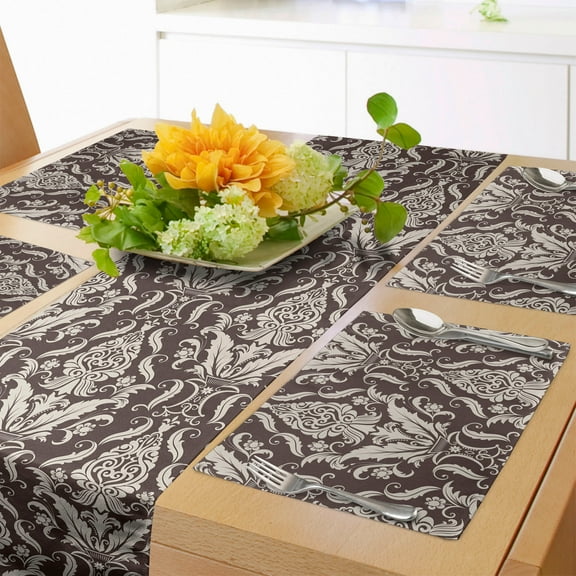 Ambesonne Damask Table Runner & Placemats, Wildflowers Leaves Curls, Placemat 4 pcs + Runner 16"x90", Dark Brown Cream