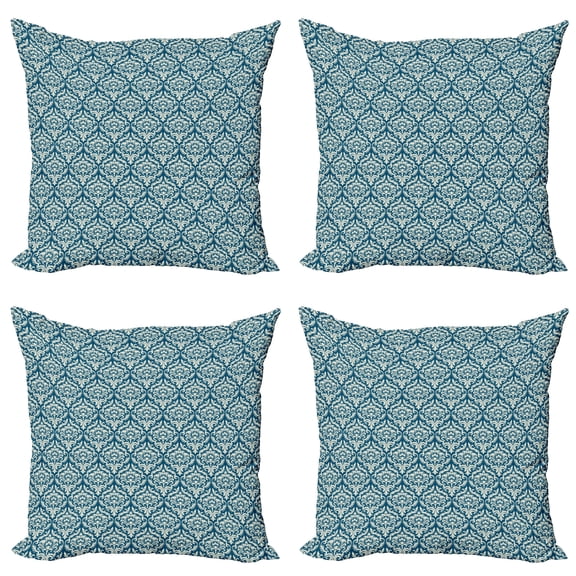 Ambesonne Damask Throw Pillow Cover 4 Pack, Blue Floral Pattern, 24", Blue White