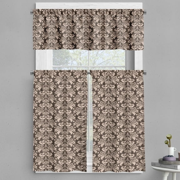 Ambesonne Damask Valance & Curtain, Baroque Style Rococo Pattern, 55"x36", Pale Rose and Brown