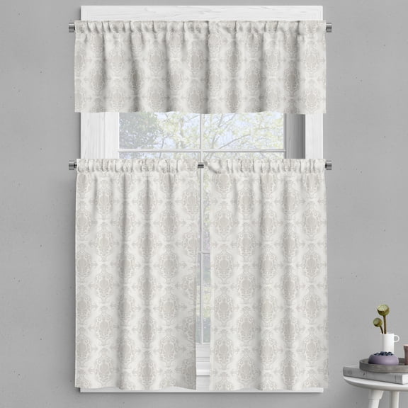 Ambesonne Damask Valance & Curtain, Floral Victorian Motif Art, 55"x24", Pearl and Coconut