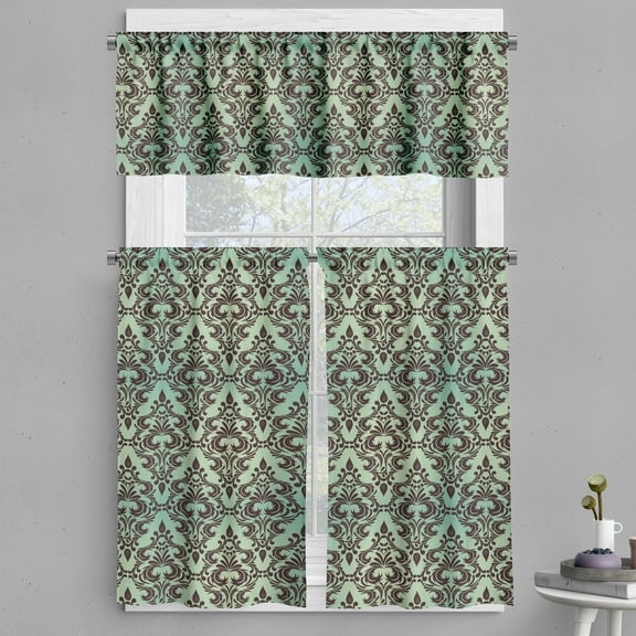 Ambesonne Damask Valance & Curtain, Leaves Buds Ornate Style, 55"x24", Mint Green Dark Brown