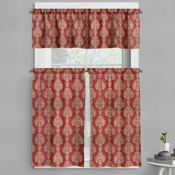 Ambesonne Damask Valance & Curtain, Oriental Warm Swirls Motif, 55"x36", Tan and Vermilion