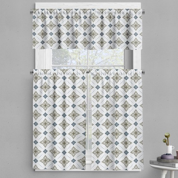 Ambesonne Damask Valance & Curtain, Retro Floral Motifs Dots Art, 55"x24", Dark Violet Blue and Fawn