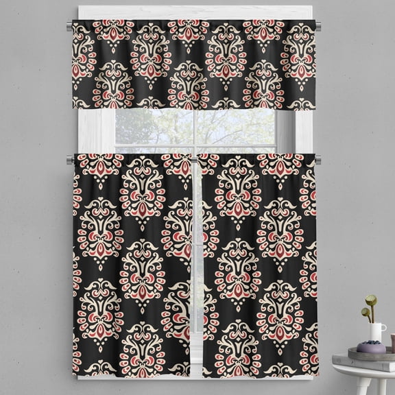 Ambesonne Damask Valance & Curtain, Traditional Abstract, 55"x36", Black Cream Ruby