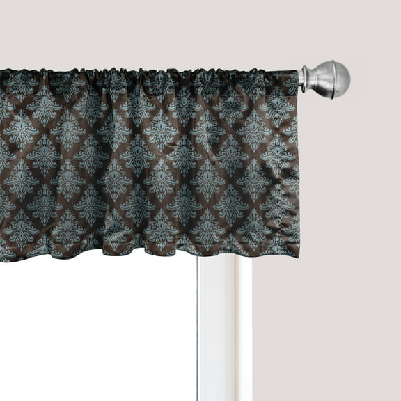 Ambesonne Damask Window Valance, Classic Floral Ornament Diagonal Pattern Old Fashioned Baroque Leaves, Curtain Valance for Kitchen Bedroom Decor with Rod Pocket, 54" X 12", Dark Brown and Blue Grey