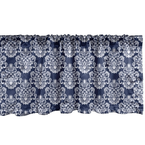 Ambesonne Damask Window Valance, Floral Antique Flourishes, 42" x 12", Dark Blue and White