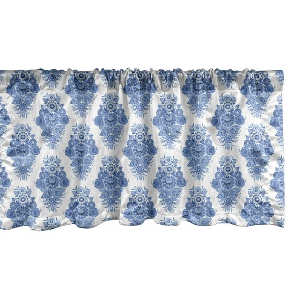 Ambesonne Damask Window Valance, Russian Folk Art Pattern, 42" x 18", Violet Blue and White