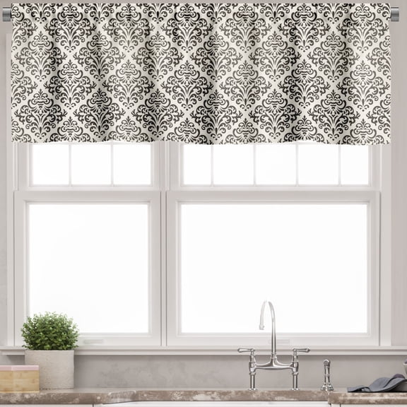 Ambesonne Damask Window Valance, Vintage Floral Design, 54" X 12", Off White and Black
