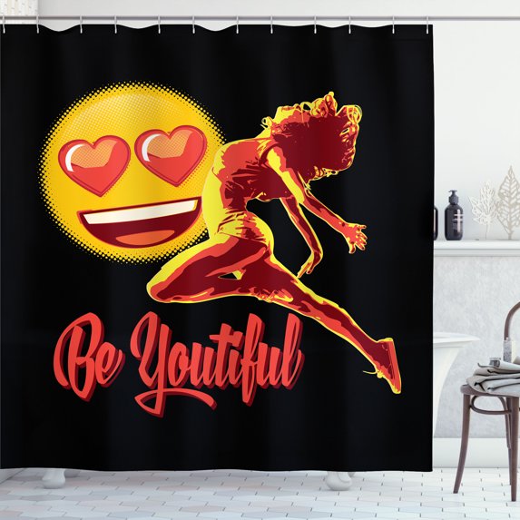 Ambesonne Dance Emoji Shower Curtain, Dancer Woman Face Heart, 69"Wx70"L, Mustard Dark Coral Black