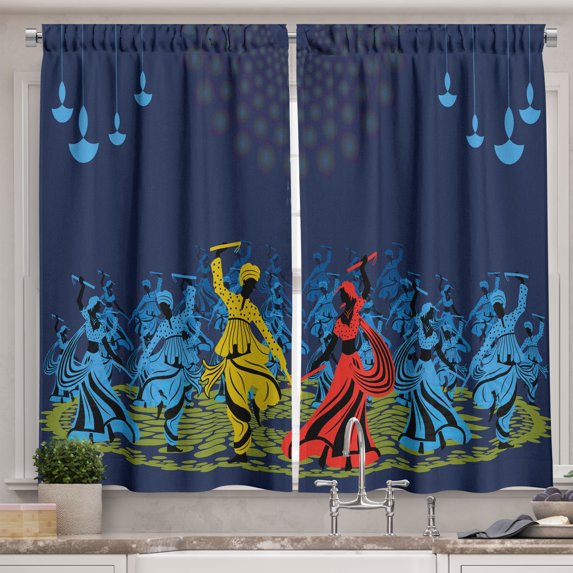 Ambesonne Dance Kitchen Curtains, Performer People in Ethnic, 55"x24", Night Blue and Dark Yellow