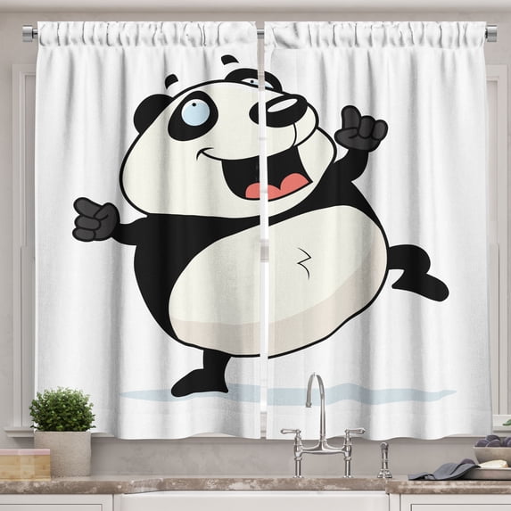 Ambesonne Dancing Bears Kitchen Curtains, Smiling Cartoon Panda, 55"x45", Charcoal Grey and Coral