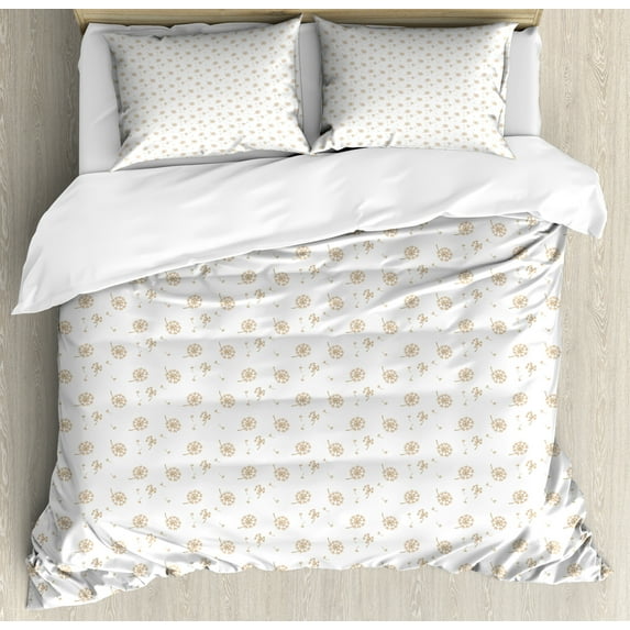 Ambesonne Dandelion Duvet Cover Sets, Floating Botanical, 2-Queen, Camel and White