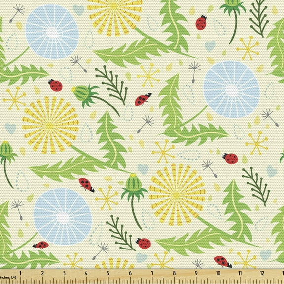 Ambesonne Dandelion Fabric by the Yard Upholstery, Leaves and Blowballs, 10 Yards, Multicolor