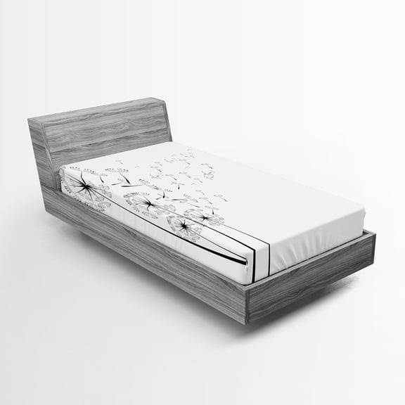 Ambesonne Dandelion Fitted Sheet, Blown in Wind, Twin Size, White Charcoal Grey