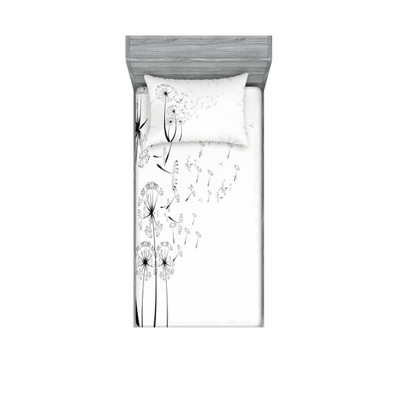 Ambesonne Dandelion Fitted Sheet & Pillow Sham Set, Blown in Wind, Twinxl, White Charcoal Grey