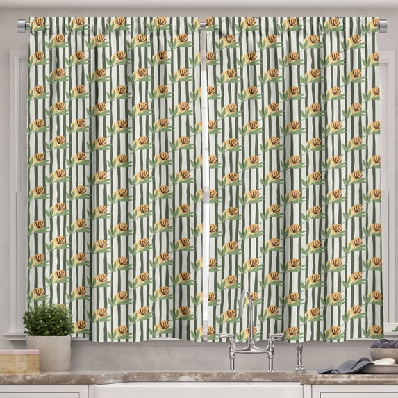 Ambesonne Dandelion Flower Kitchen Curtains, Blossoms Stripes, 55"x36", Peacock Green Sand Brown