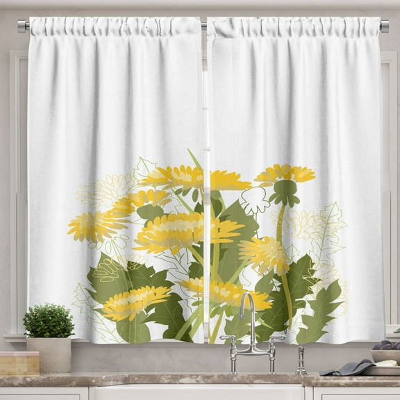 Ambesonne Dandelion Flower Kitchen Curtains, Blossoms Vintage, 55"x24", Olive Green Earth Yellow