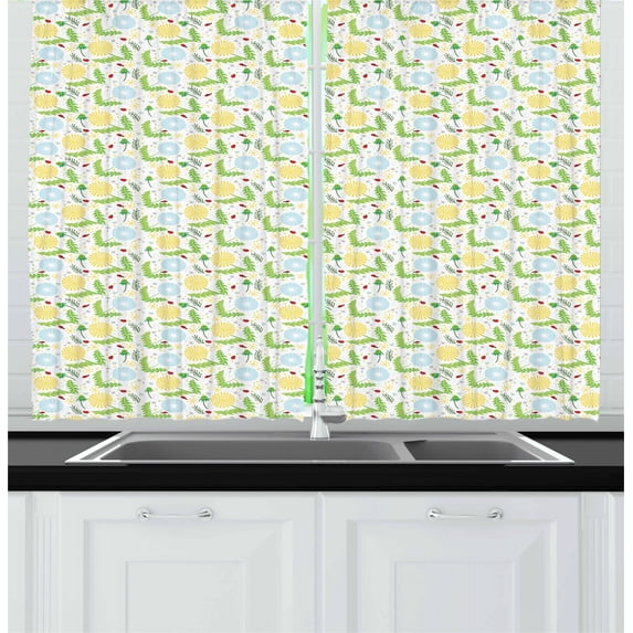 Ambesonne Dandelion Kitchen Curtains, Blowballs Ladybugs, 55"x45", Pale Blue Yellow