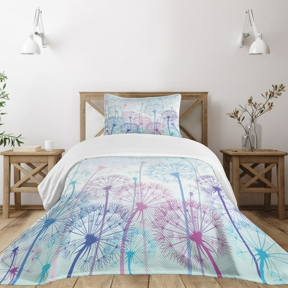 Ambesonne Dandelion Quilted Bedspread Set 2 Pcs, Abstract Flora Design, Twin Size, Pale Blue Violet Pink